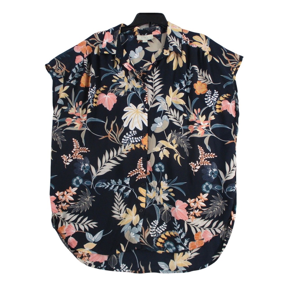 Loft Outlet Womens Navy Blue Floral Cap Sleeve Button Down Blouse Size M